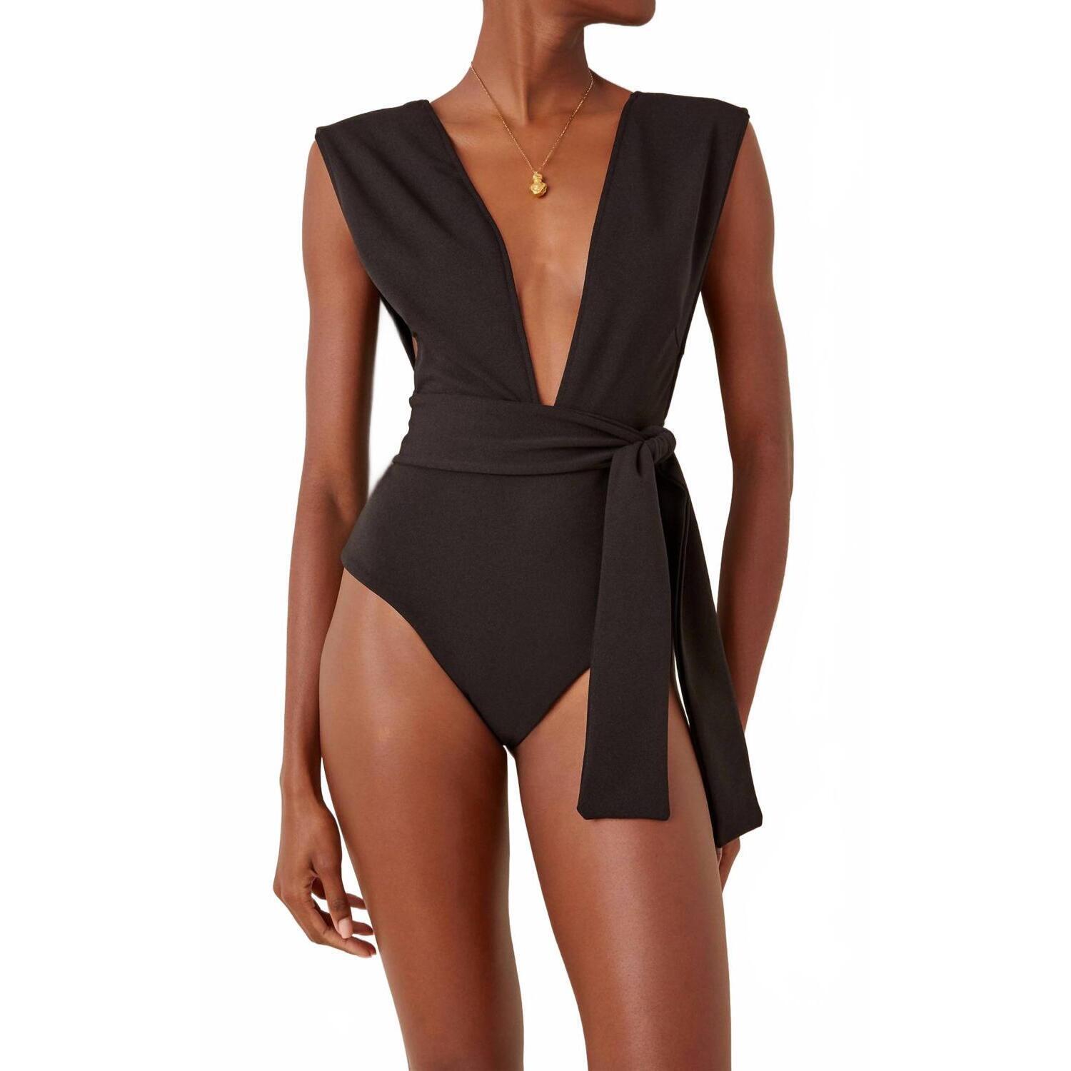 New Haight Belted Crepe V-Neck One Piece Swimsuit In Black